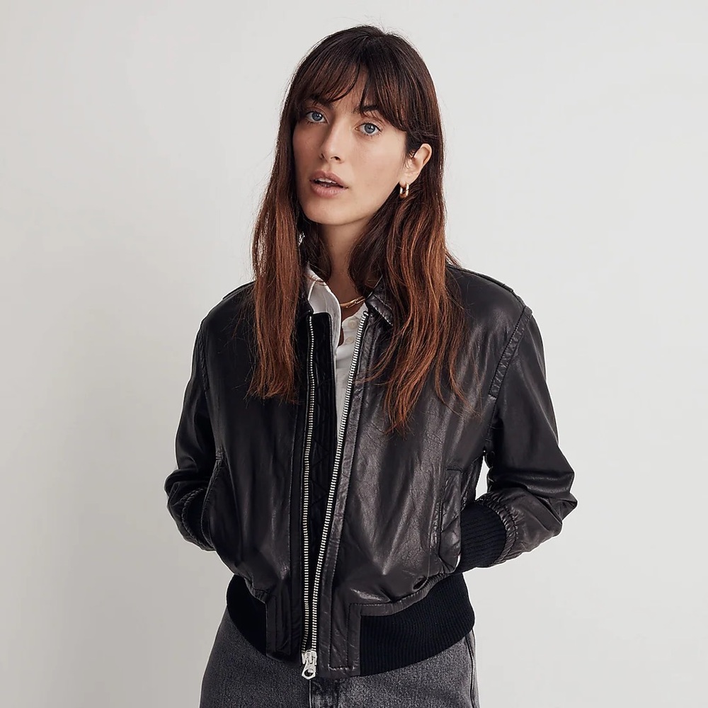 Madewell Washed Leather Crop Bomber Jacket size Medium Black NWT $538